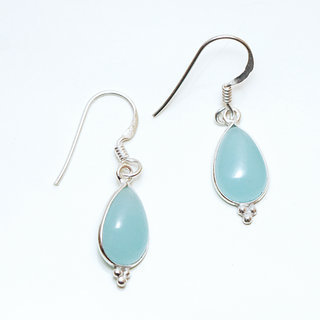Bijoux Indiens Ethniques boucles d'oreilles argent 925 et pierre fine pendante perle goutte - Inde 021 Calcdoine Bleue
