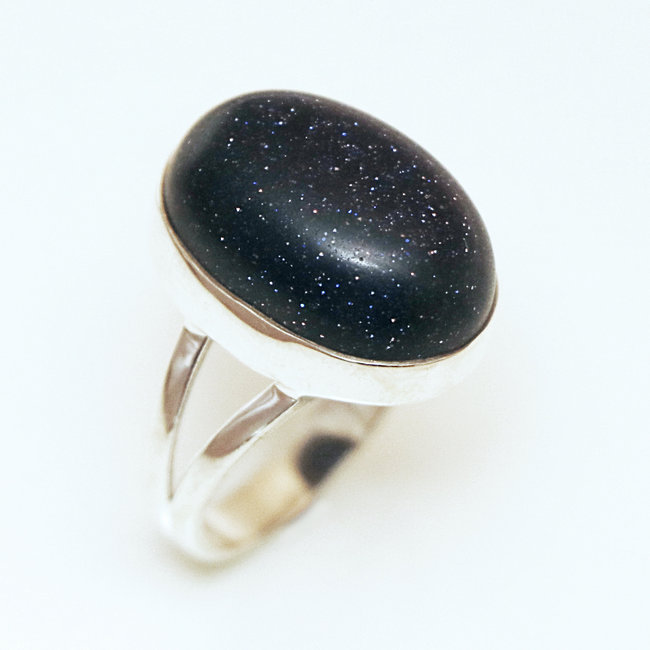 Bague ovale cabochon argent 925 et Pierre de Soleil bleue - Inde 061