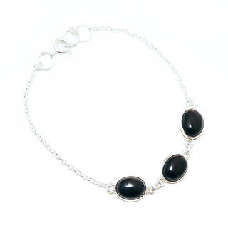 Bijoux Indiens Ethniques bracelet en argent 925 chane femme rang 3 pierres fine ovales rglable - Inde 007 Onyx noir