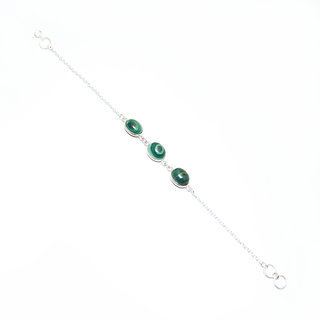 Bijoux Indiens Ethniques bracelet en argent 925 chane femme rang 3 pierres fine ovales rglable - Inde 007 Malachite b