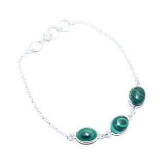 Bijoux Indiens Ethniques bracelet en argent 925 chane femme rang 3 pierres fine ovales rglable - Inde 007 Malachite