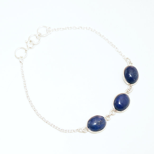 Bracelet fin chaîne cabochons ovales argent 925 et Lapis-Lazuli - Inde 007