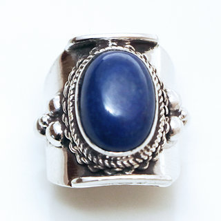 Bijoux ethniques indiens bague chevalire en argent massif 925 et pierre fine lapis lazuli grav filigrane npalais - 064 Npal b