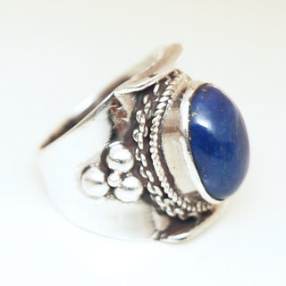 Bijoux ethniques indiens bague chevalire en argent massif 925 et pierre fine lapis lazuli grav filigrane npalais - 064 Npal c