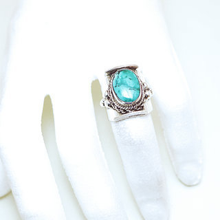 Bijoux ethniques indiens bague chevalire en argent massif 925 et pierre fine turquoise vritable claire grav filigrane npalais - 064 Npal b