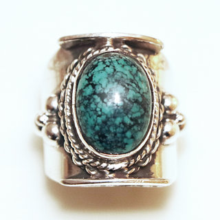 Bijoux ethniques indiens bague chevalire en argent massif 925 et pierre fine turquoise vritable fonce grav filigrane npalais - 064 Npal b