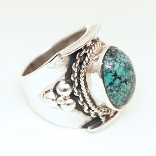 Bijoux ethniques indiens bague chevalire en argent massif 925 et pierre fine turquoise vritable fonce grav filigrane npalais - 064 Npal c