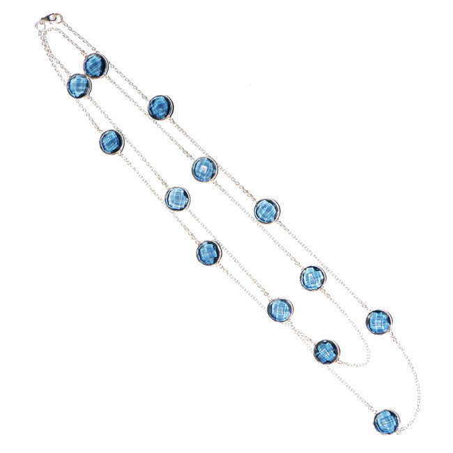 Collier argent massif 925 sautoir chaîne ronds facettes et Cristal bleu Iolite - Inde 001