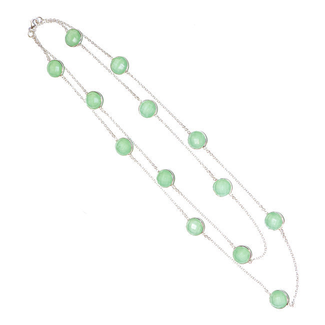 Collier argent massif 925 sautoir chaîne ronds facettes et Calcédoine verte - Inde 001