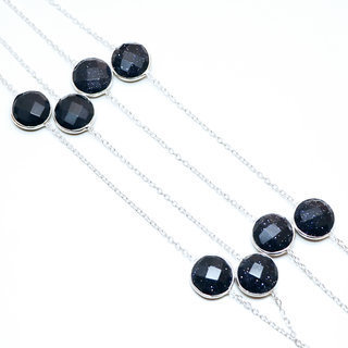 Bijoux Indiens Ethniques sautoir collier chaine en argent 925 pierres fines facettes rond - Inde 001 Pierre de Soleil bleue b