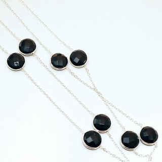 Bijoux Indiens Ethniques sautoir collier chaine en argent 925 pierres fines facettes rond - Inde 001 Onyx Noir b