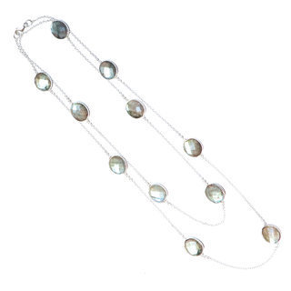 Bijoux Indiens Ethniques sautoir collier chane en argent 925 pierre fine losanges facettes - Inde 008 Labradorite