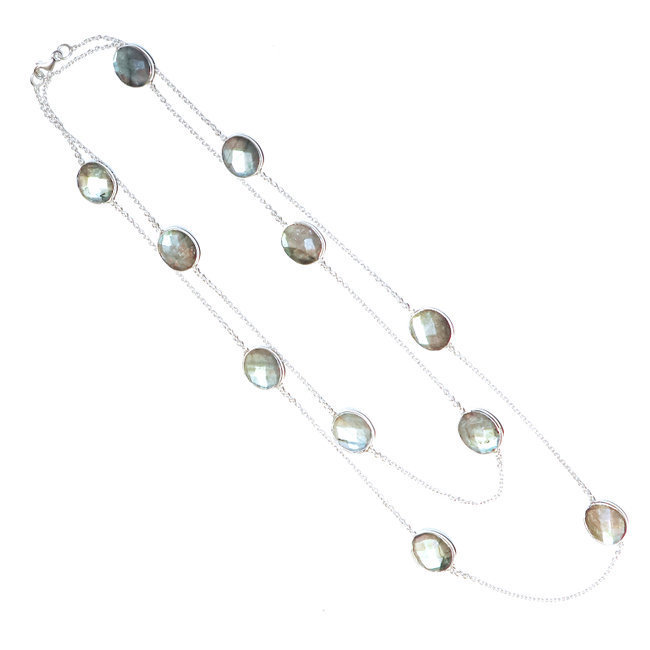 Collier argent massif 925 sautoir chaîne ovales facettes et Labradorite - Inde 008