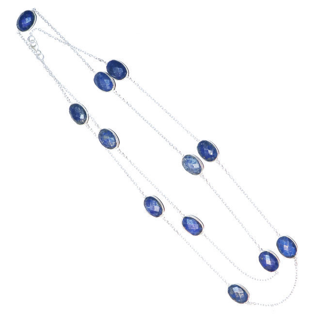 Collier argent massif 925 sautoir chaîne ovales facettes et Lapis-Lazuli - Inde 009