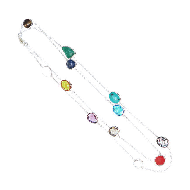 Collier argent massif 925 sautoir chaîne facettes et pierres fines multicolore - Inde 012