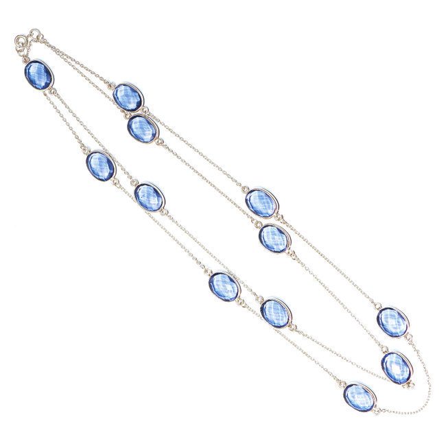 Collier argent massif 925 sautoir chaîne ovales facettes et Cristal bleu Iolite - Inde 009