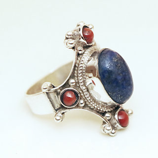 Bijoux ethniques indiens bague chevalire en argent massif 925 Croix Tibtaine pierre fine corail lapis-lazuli grav filigrane npalais - 066R Npal Tibet C