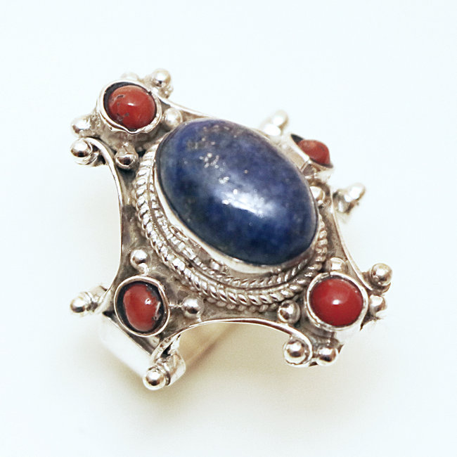 Bague chevalière croix en argent 925, Lapis-Lazuli et Corail - Népal 066R