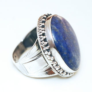 Bijoux ethniques indiens bague en argent 925 massif femme homme chevalire ovale longue filigranes perle grave et pierre fine Lapis-Lazuli bleu npalais - Npal 071 c