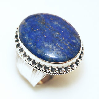 Bijoux ethniques indiens bague en argent 925 massif femme homme chevalire ovale longue filigranes perle grave et pierre fine Lapis-Lazuli bleu npalais - Npal 071