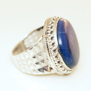 Bijoux ethniques indiens bague en argent 925 massif femme homme chevalire ronde filigranes perle grave et pierre fine Lapis-Lazuli bleu npalais - Npal 072 c