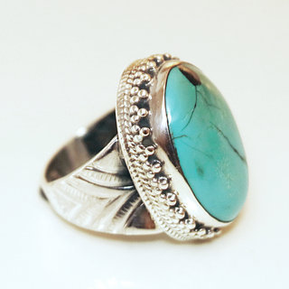 Bijoux ethniques indiens bague en argent 925 massif femme homme chevalire ovale longue filigranes perle grave et pierre fine Turquoise vritable naturelle - Npal 073 c