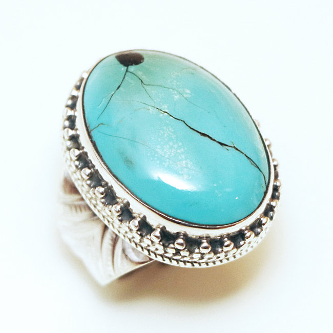 Bague chevalière ovale filigranes argent 925 et Turquoise - Népal 073