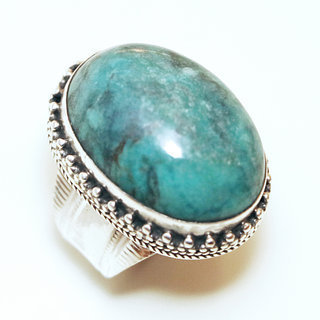 Bijoux ethniques indiens bague en argent 925 massif femme homme chevalire ovale longue filigranes perle grave et pierre fine Turquoise vritable naturelle - Npal 074