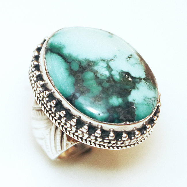 Bague chevalière ovale filigranes argent 925 et Turquoise - Népal 075