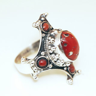 Bijoux ethniques indiens bague chevalire en argent massif 925 Croix Tibtaine pierre fine corail grav filigrane npalais - 66R Npal Tibet c