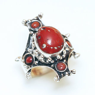 Bijoux ethniques indiens bague chevalire en argent massif 925 Croix Tibtaine pierre fine corail grav filigrane npalais - 66R Npal Tibet