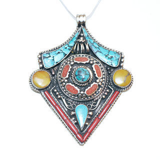 Bijoux Indiens Ethniques grand pendentif laiton plaqu argent 925 et pierre - Nepal 047 Corail Turquoise b
