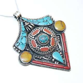 Bijoux Indiens Ethniques grand pendentif laiton plaqu argent 925 et pierre - Nepal 047 Corail Turquoise