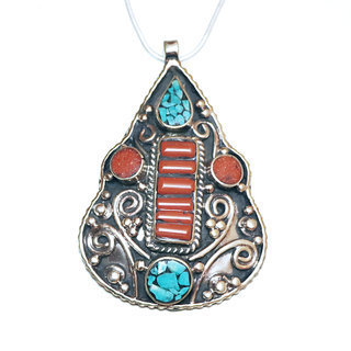 Bijoux Indiens Ethniques grand pendentif laiton plaqu argent 925 et pierre - Nepal 048 Corail Turquoise b