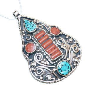 Bijoux Indiens Ethniques grand pendentif laiton plaqu argent 925 et pierre - Nepal 048 Corail Turquoise