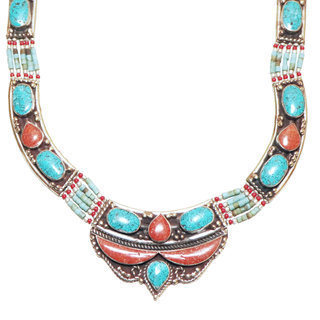 Bijoux Npalais Ethniques collier grav filigrane laiton plaqu argent 925 et pierres - Nepal 008 Turquoise Corail b
