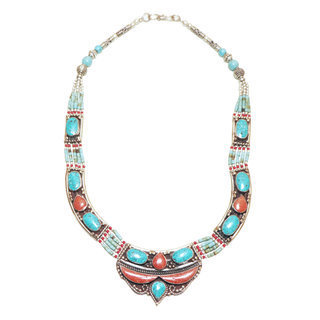 Bijoux Npalais Ethniques collier grav filigrane laiton plaqu argent 925 et pierres - Nepal 008 Turquoise Corail