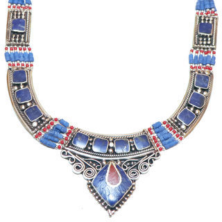 Bijoux Npalais Ethniques collier grav filigrane laiton plaqu argent 925 et pierres - Nepal 009 Lapis-Lazuli Corail