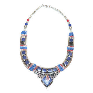 Bijoux Npalais Ethniques collier grav filigrane laiton plaqu argent 925 et pierres - Nepal 009 Lapis-Lazuli Corail