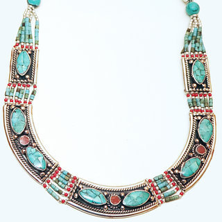 Bijoux Npalais Ethniques collier grav filigrane laiton plaqu argent 925 et pierres - Nepal 010 Turquoise Corail b