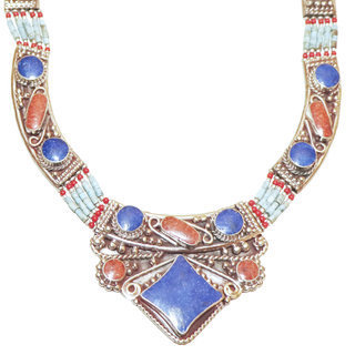 Bijoux Npalais Ethniques collier grav filigrane laiton plaqu argent 925 et pierres - Nepal 011 Lapis-Lazuli Corail Turquoise b