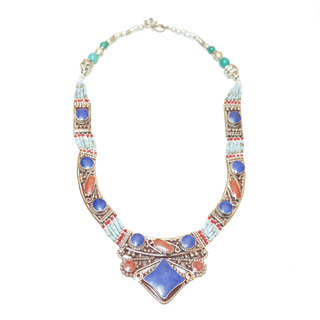 Bijoux Npalais Ethniques collier grav filigrane laiton plaqu argent 925 et pierres - Nepal 011 Lapis-Lazuli Corail Turquoise