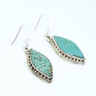 Bijoux ethniques indiens boucles d'oreilles en argent 925 femme pendantes filigranes feuilles et pierres fines Turquoise naturelle vritable indiennes - Npal 005 4,3 cmb