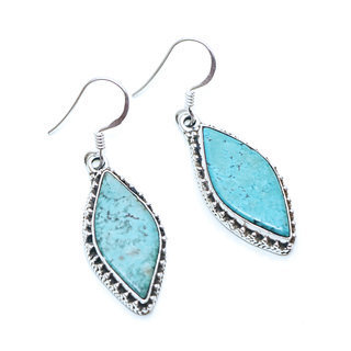 Bijoux ethniques indiens boucles d'oreilles en argent 925 femme pendantes filigranes feuilles et pierres fines Turquoise naturelle vritable indiennes - Npal 005 4,3 cm