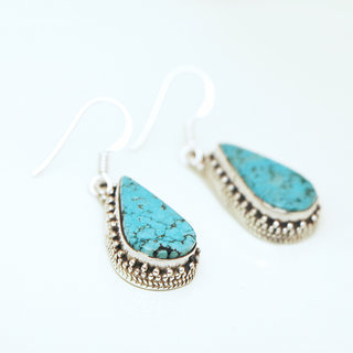 Bijoux ethniques indiens boucles d'oreilles en argent 925 femme pendantes filigranes feuilles et pierres fines Turquoise naturelle vritable indiennes - Npal 002 b