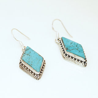 Bijoux ethniques indiens boucles d'oreilles en argent 925 femme pendantes filigranes feuilles et pierres fines Turquoise naturelle vritable indiennes - Npal 010 b