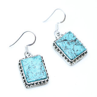 Bijoux ethniques indiens boucles d'oreilles en argent 925 femme pendantes filigranes feuilles et pierres fines Turquoise naturelle vritable indiennes - Npal 013