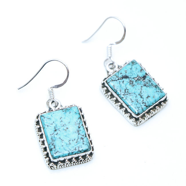 Boucles d'oreilles filigranes rectangle argent 925 et Turquoise - Népal 013