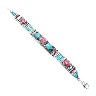 Bijoux Ethniques indiens bracelet multi-rangs turquoise corail laiton plaqu argent 925 et pierres perles npalais tibtain - Nepal 022 b