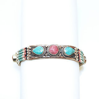 Bijoux Ethniques indiens bracelet multi-rangs turquoise corail laiton plaqué argent 925 et pierres perles népalais tibétain - Nepal 022